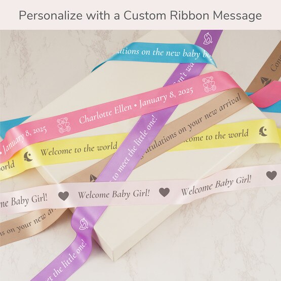customised message on a green, blue, and brown ribbon